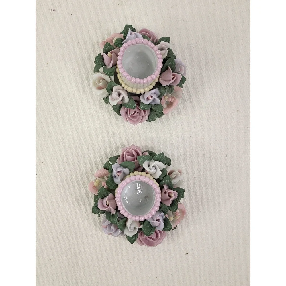 Vintage Porcelain Rose Floral Candle Holder Set Pastel Pink Lavender 2pc